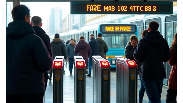 Busy metropolitan bus interchange with automated fare collection gates