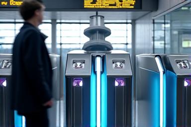 Modern automated fare collection gates at a subway station